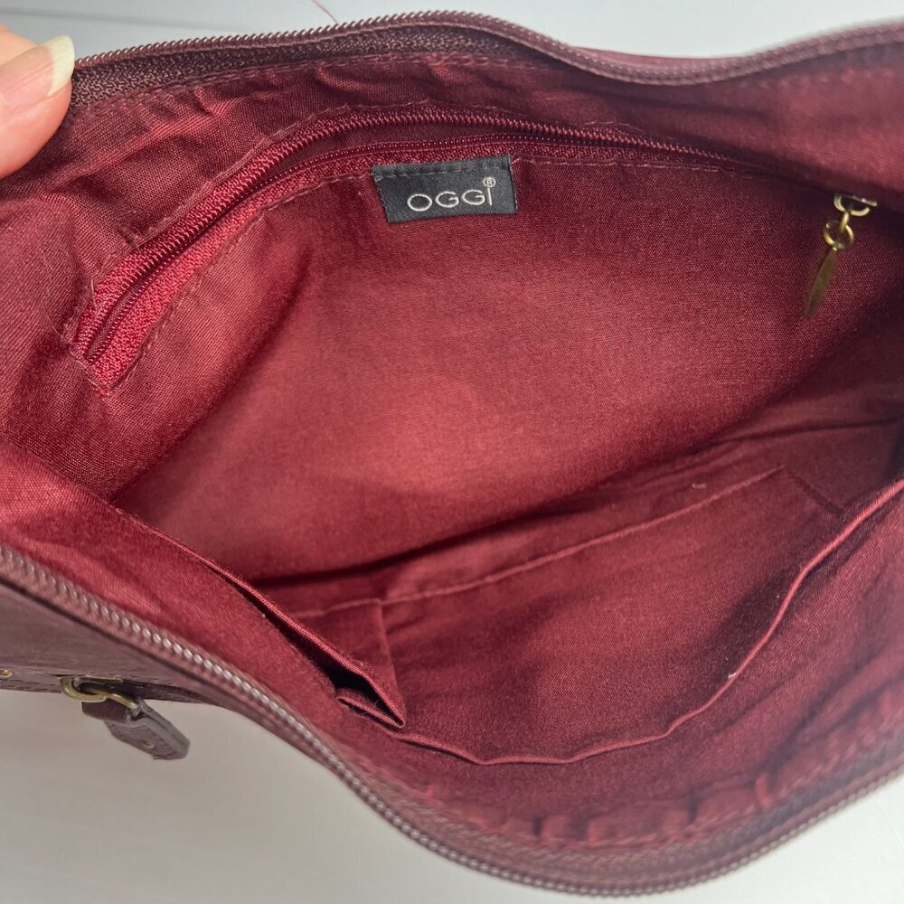 Oggi Hobo Shoulder Bag Purse Velvet Strap Burgandy Chevron Tweed 70s Boho Indie - Picture 2 of 7